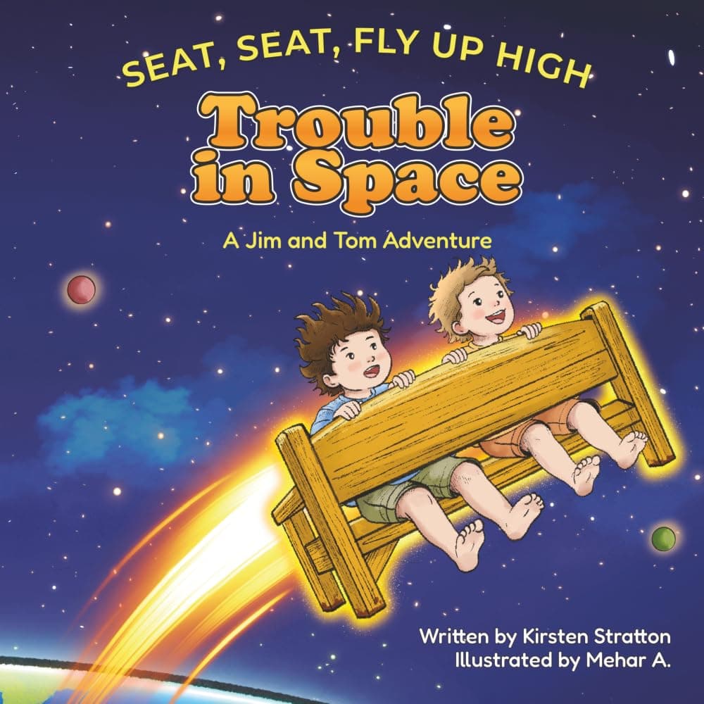 Cover of Trouble in Space, a Jim and Tom adventure about a flying garden seat and space junk.